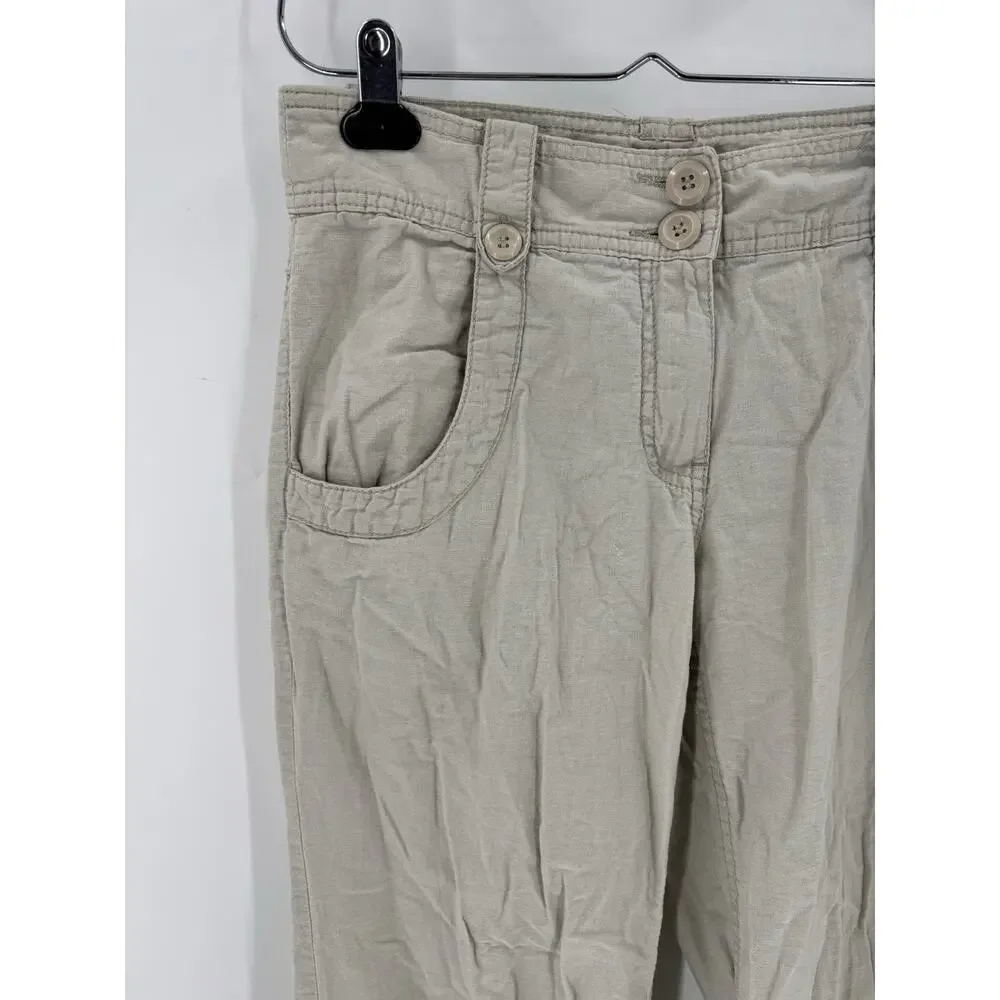 H&M Pants Womens 6 Beige Linen Cotton Pockets Straight Leg Comfort Mid Rise